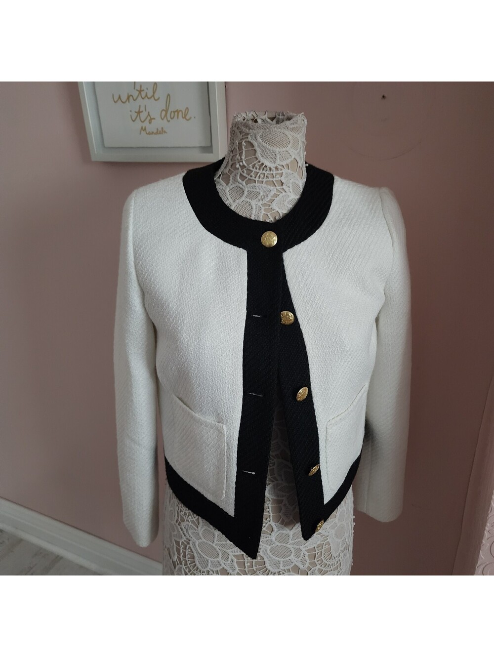 J.Crew Lady Jacket White Black Tweed Cropped Blazer Gold Buttons Women's - Picture 5 of 8